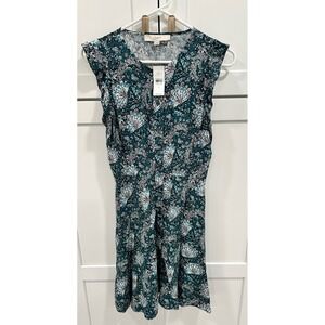 LOFT Floral Print Dress Ruffle‎ Sleeves Button Front Green Size 0